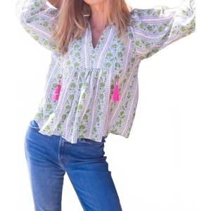 NEW BELL macey top in green/turquoise border stripe